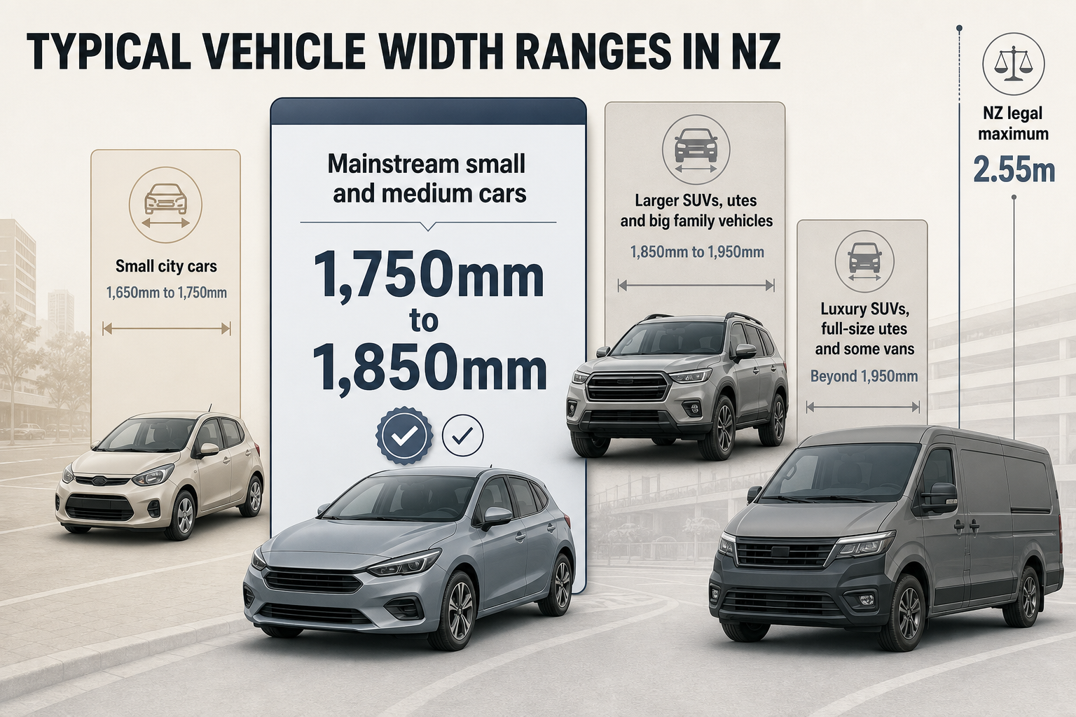 Four vertical comparison columns show vehicle categories with width ranges in millimetres, plus a separate marker for the 2.55m NZ legal maximum.