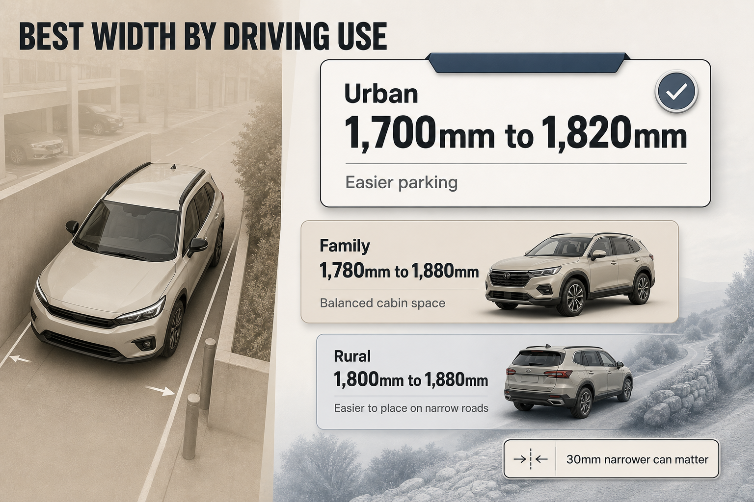 Split-view layout with three labelled width bands for urban, family, and rural driving, plus short benefit notes beside each range.