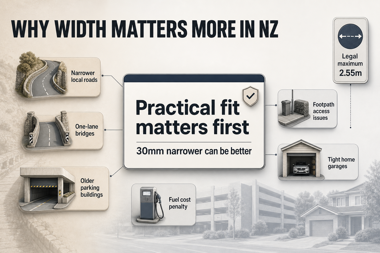 Editorial info-card with icon panels for roads, bridges, parking buildings, garages, fuel, and footpaths, plus a small 2.55m legal-width badge.