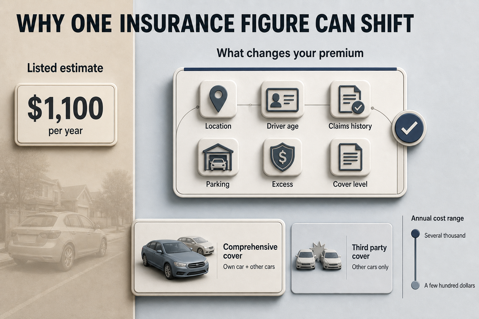 Why Insurance Estimates Vary Two-column infographic with a listed annual premium, factor icons, and a lower comparison showing comprehensive versus third party cover ranges