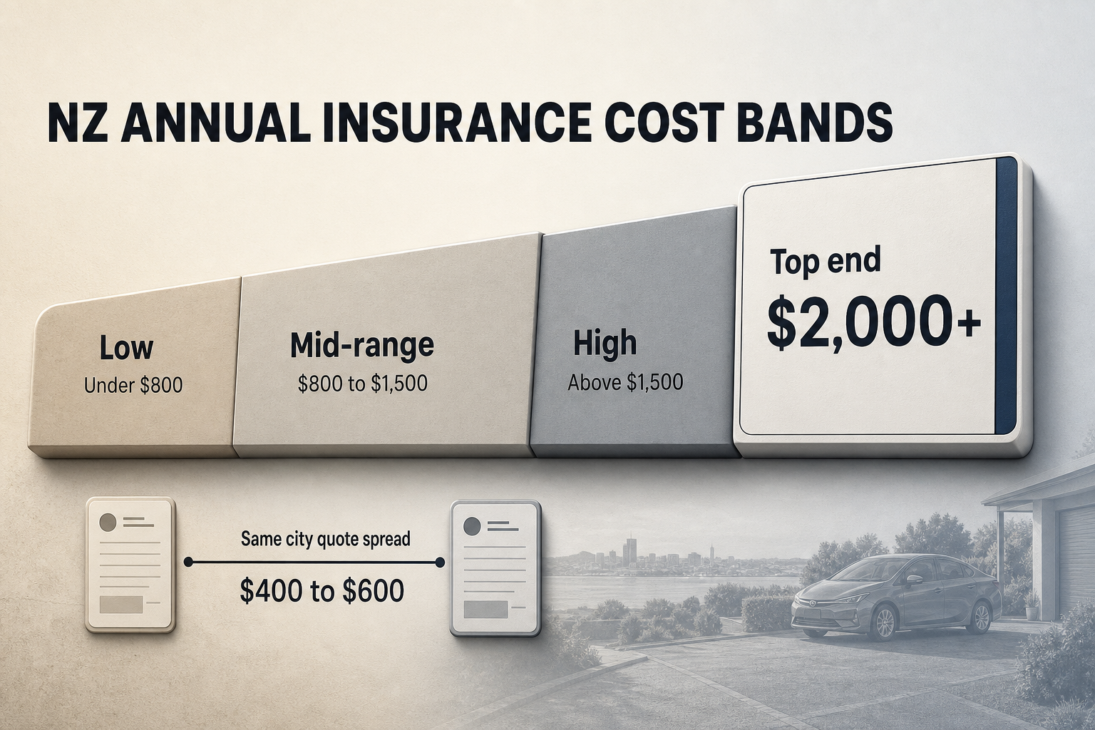 NZ Insurance Cost Bands Horizontal band chart showing four annual insurance cost ranges from under $800 to $2,000 plus, with a separate quote spread marker