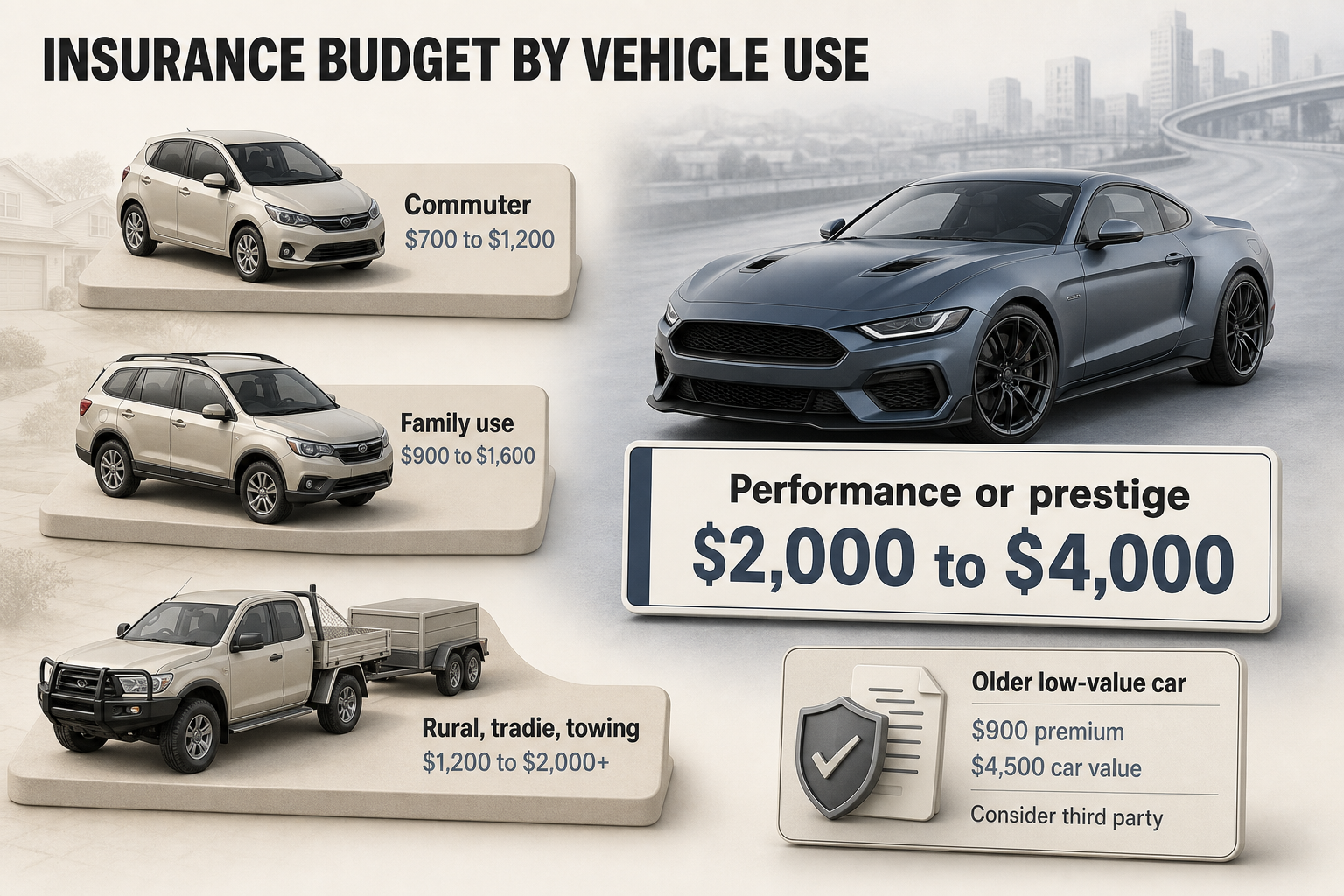 Insurance by Vehicle Use Five-card infographic with vehicle use categories and annual premium ranges, including a small callout comparing a $900 premium with a $4,500 car value