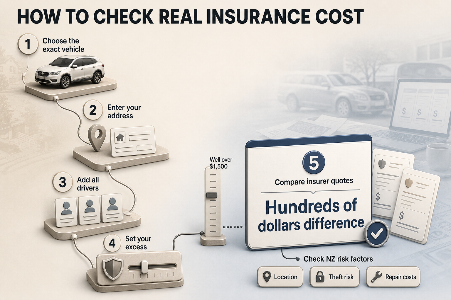 Check Real Insurance Cost Five-step flow diagram with quote inputs, an excess range marker, and NZ risk factor tags for location, theft risk, and repair costs
