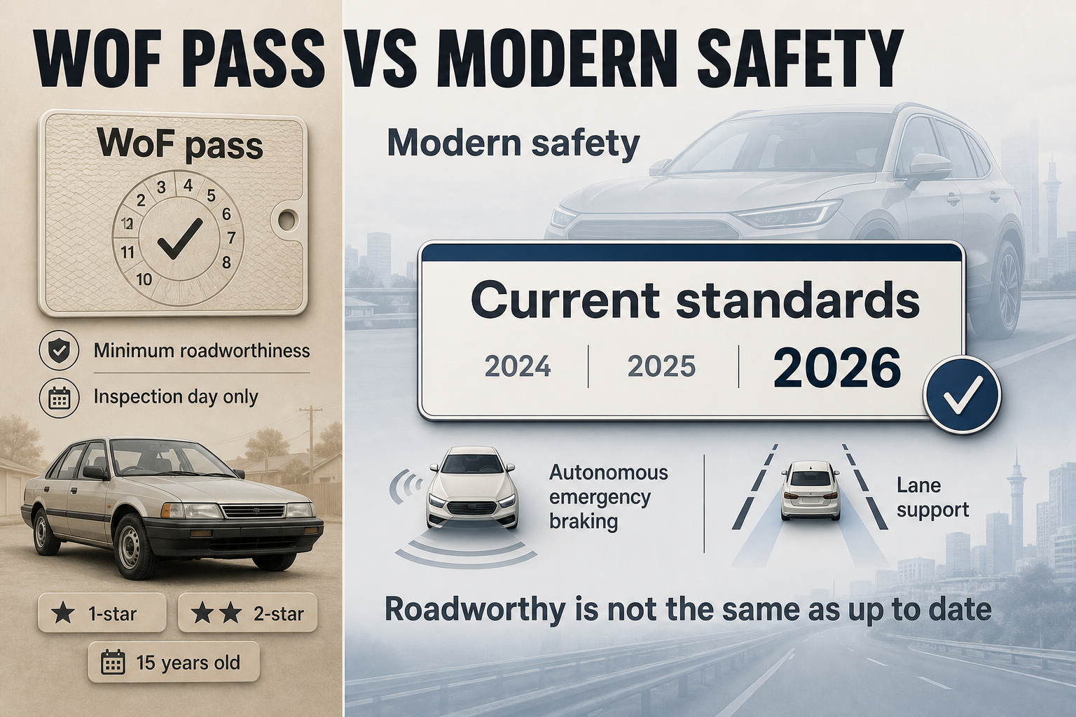 WoF pass vs modern safety Split-view infographic with a WoF pass panel on the left and a modern safety panel on the right, showing star ratings, feature labels, and year markers.