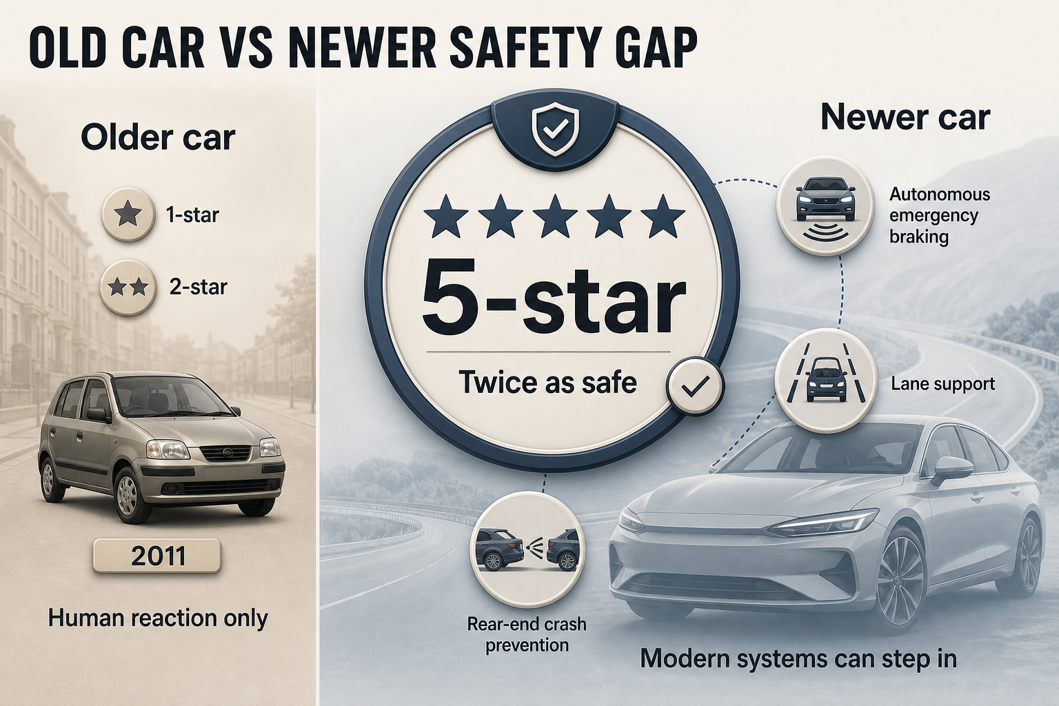 Old car safety gap Comparison infographic with columns for older and newer cars, star rating markers, a highlighted 5-star badge, and feature labels for crash-avoidance systems.