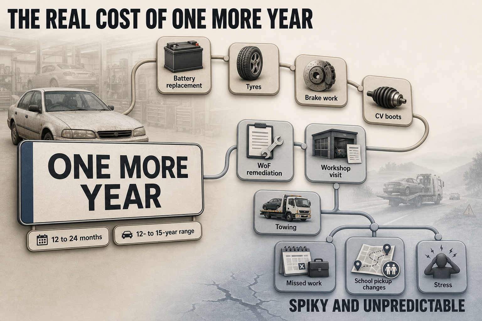 One more year costs Flow infographic showing an ageing car leading through repair items, workshop steps, towing, and household disruption costs in connected stages.
