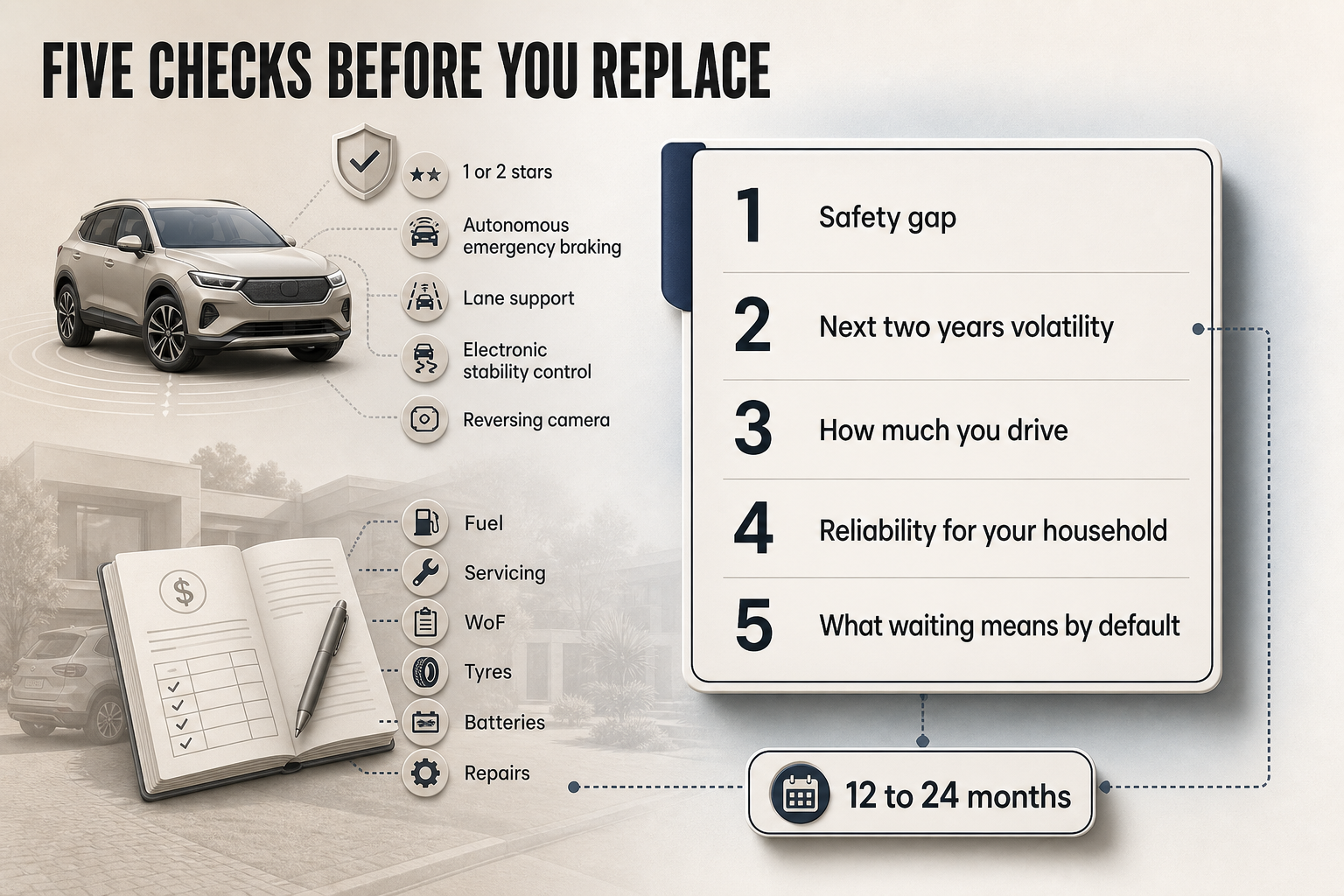 Five replacement decision checks Checklist-style infographic with five numbered cards covering safety, repair risk, driving distance, household reliability, and the cost of waiting.