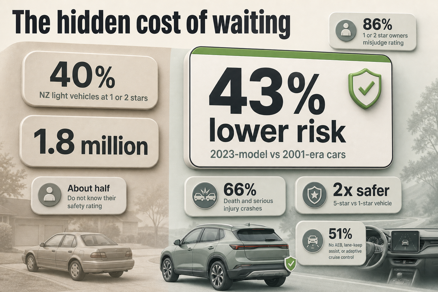 The safety gap in numbers Editorial stat panel with large percentage badges, small car icons, and labelled callouts comparing safety ratings, crash share, and risk gaps