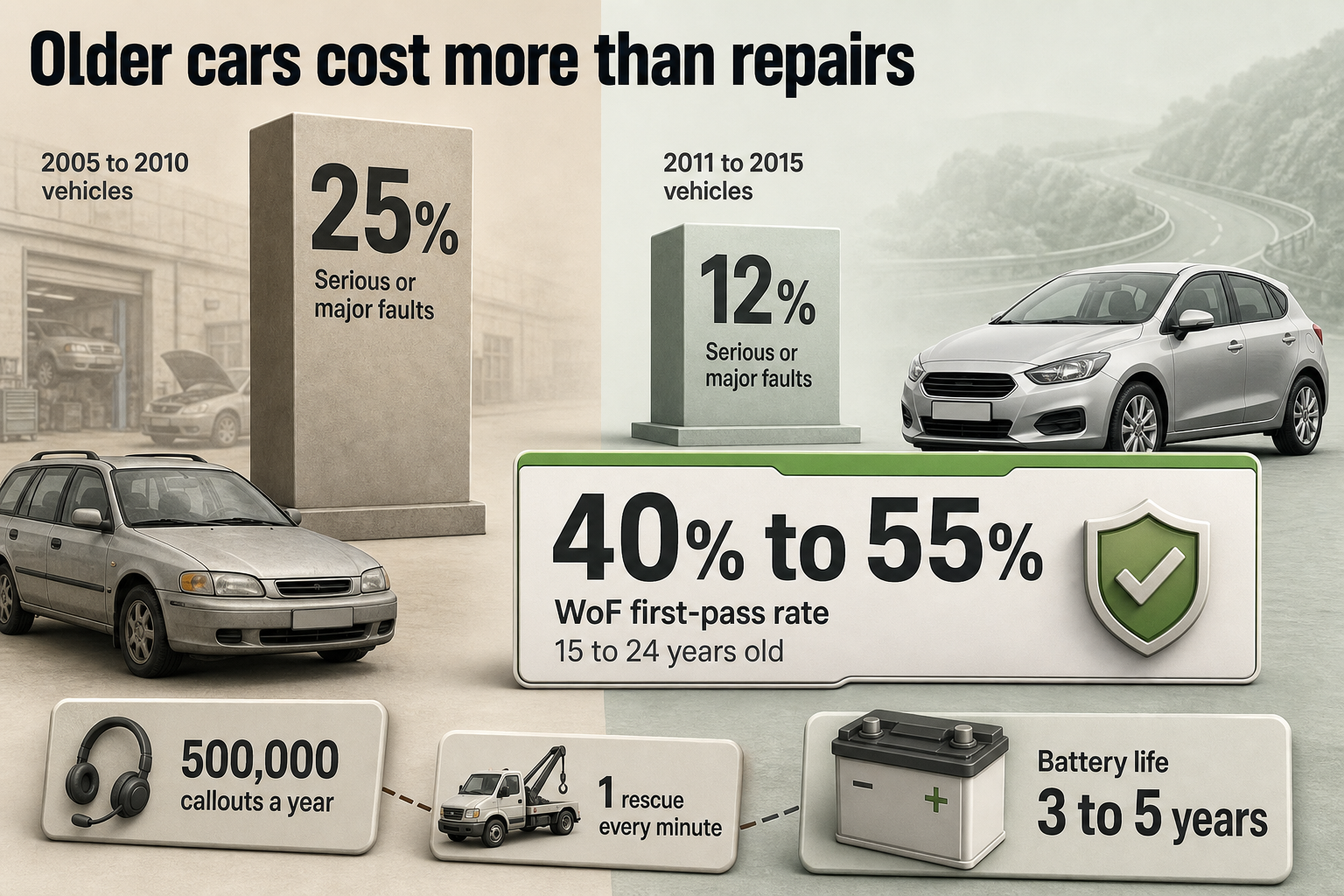 How older car costs build Two comparison columns with fault-rate bars, a WoF pass-rate range bar, and small roadside callout and battery icons with labels