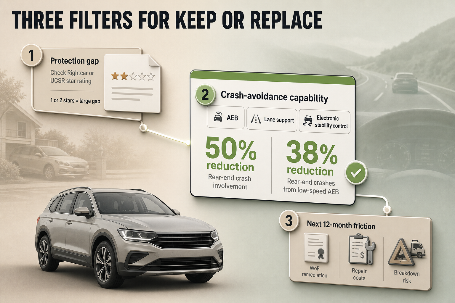 Keep or replace decision filters Three-step horizontal flow diagram with numbered panels, arrows, and small safety feature icons for rating checks, technology checks, and cost checks