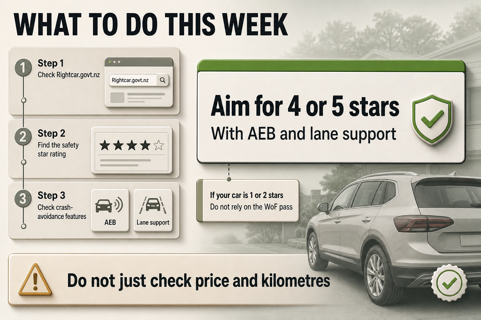 This week's car safety checklist Stacked action cards with step labels, a Rightcar lookup card, feature check icons, and a highlighted target card for 4 or 5 star vehicles