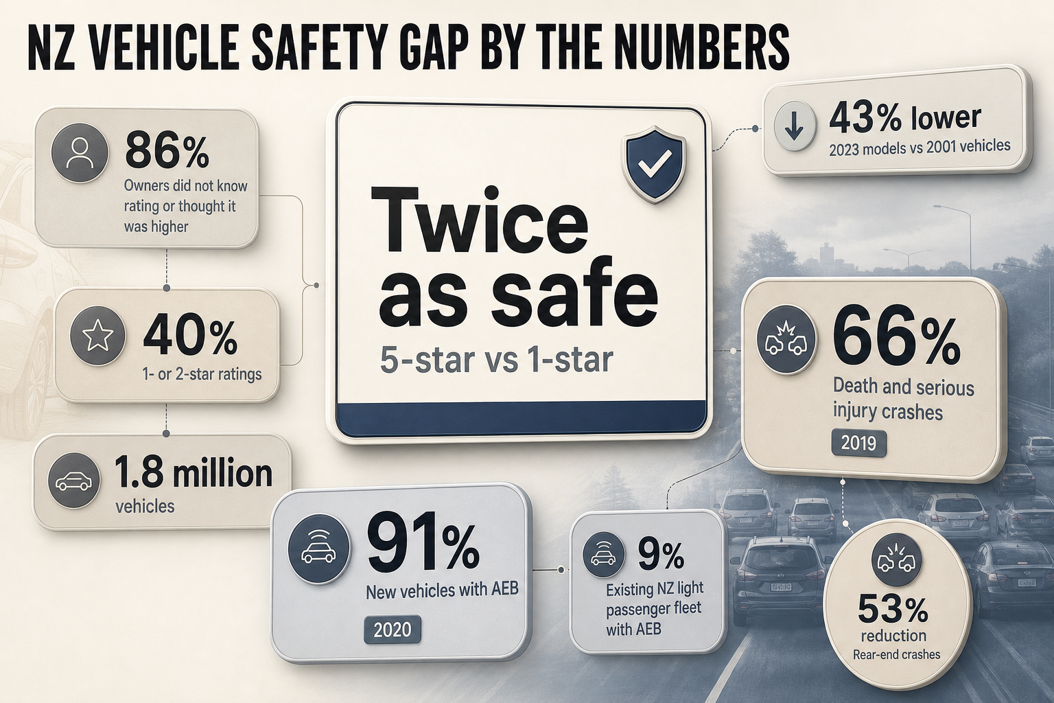 NZ Vehicle Safety Gap Editorial stat panel with large percentage badges, safety rating labels, and AEB comparison figures arranged in a clean grid