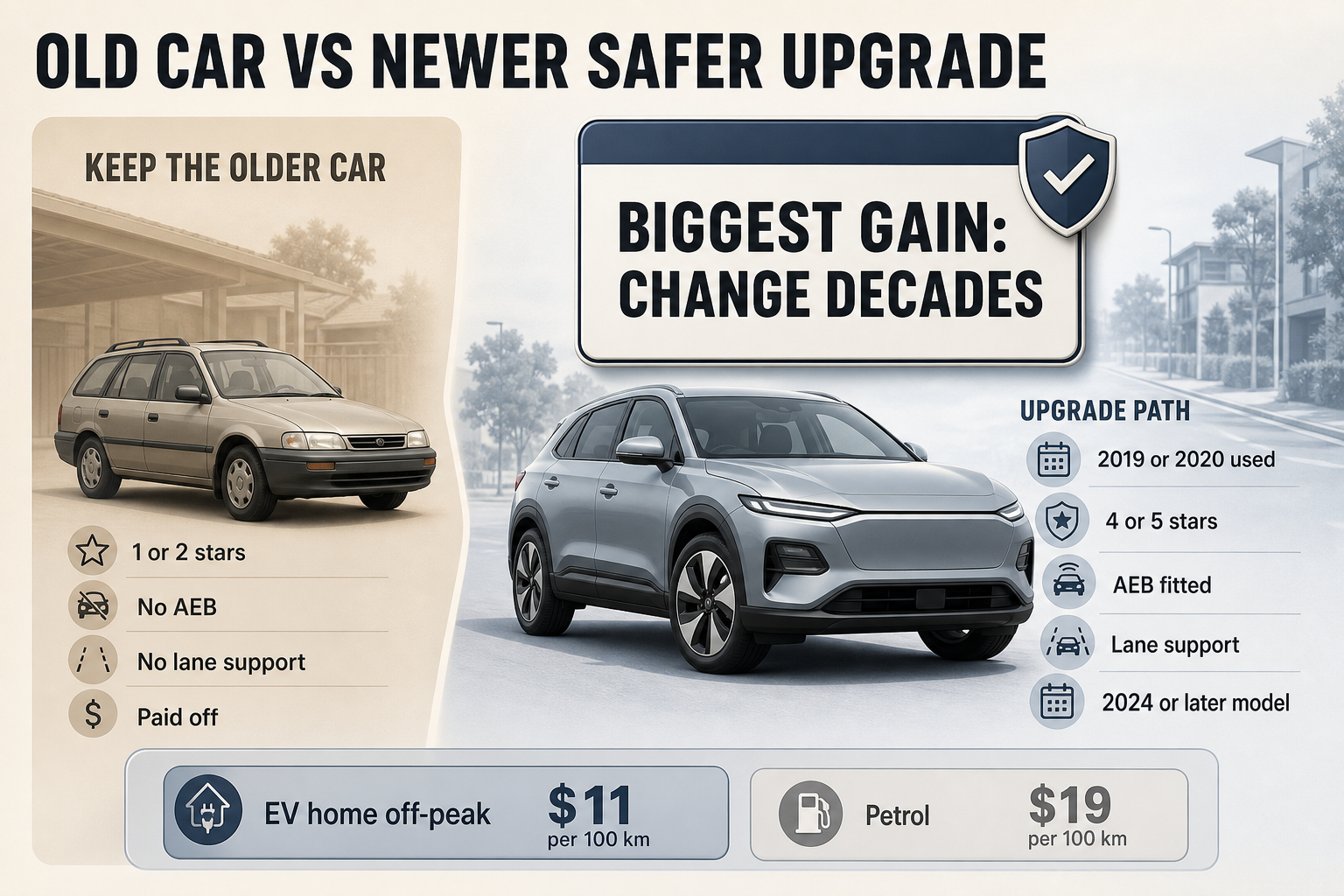 Change Decades, Not Just Brands Asymmetric two-column comparison showing an older low-star car on one side and a newer higher-star vehicle with AEB on the other
