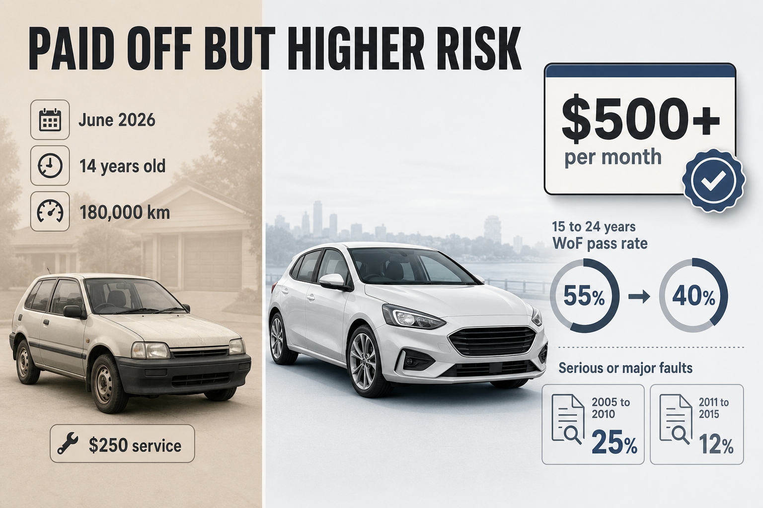 Paid Off Versus Higher Risk Two-column infographic with an older hatchback panel, a newer car panel, and stat callouts for age, kilometres, service cost, WoF rates, and fault rates.