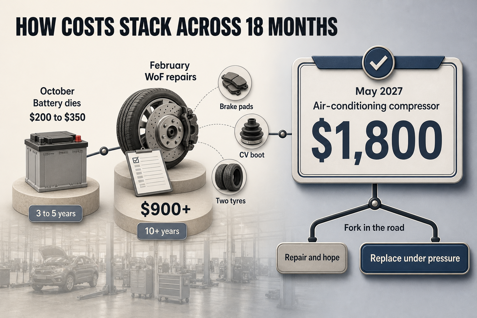 Repair Costs Over 18 Months Horizontal timeline infographic with three repair milestones, cost tags, part labels, and a final decision fork after an air-conditioning failure.