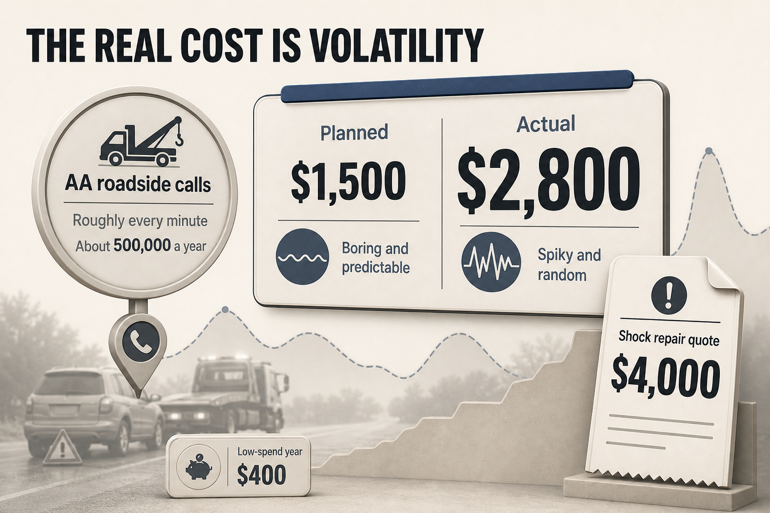 Volatility Drives The Real Cost Editorial stat graphic with large number badges, a planned-versus-actual spend comparison, and a standout repair quote callout.