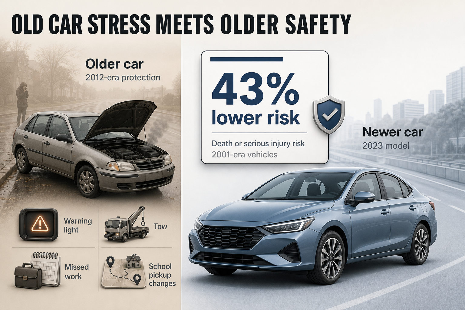 Breakdown Stress And Safety Gap Split-view infographic showing an older car with breakdown icons on one side and a newer car with a safety stat badge on the other.