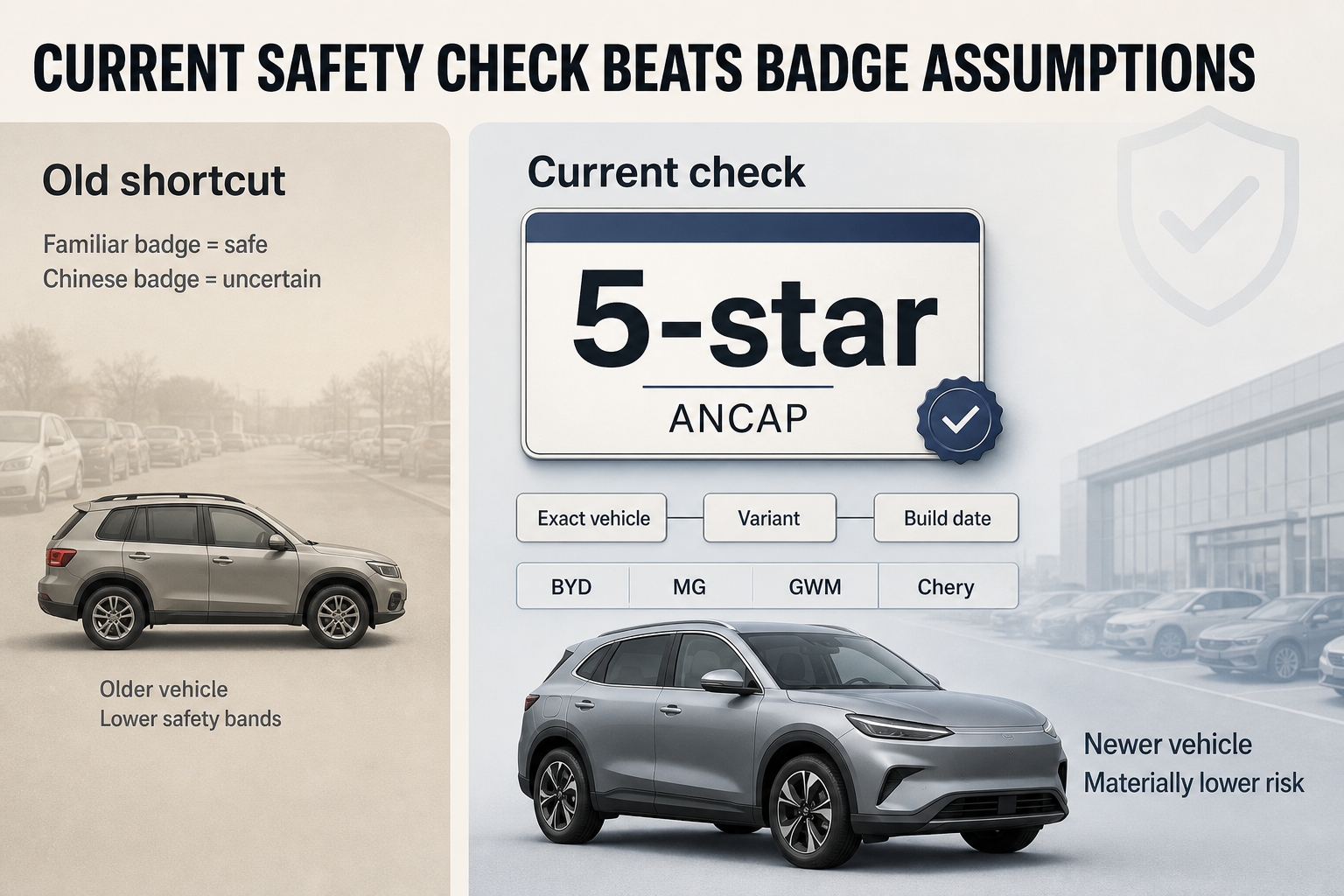 Safety Check Beats Badge Assumptions Two-column infographic with an old-assumption panel and a current-safety panel, showing 5-star ANCAP badges and brand labels