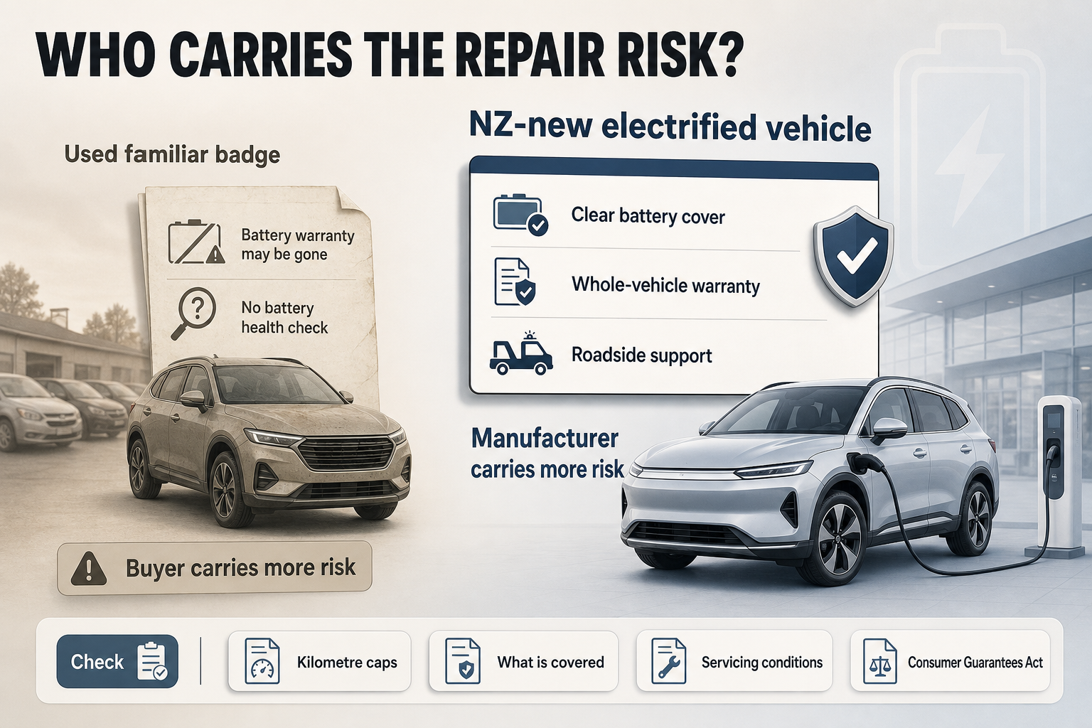 Who Carries the Repair Risk Split-view infographic comparing a used familiar-badge vehicle with a NZ-new electrified vehicle, using warranty and risk labels