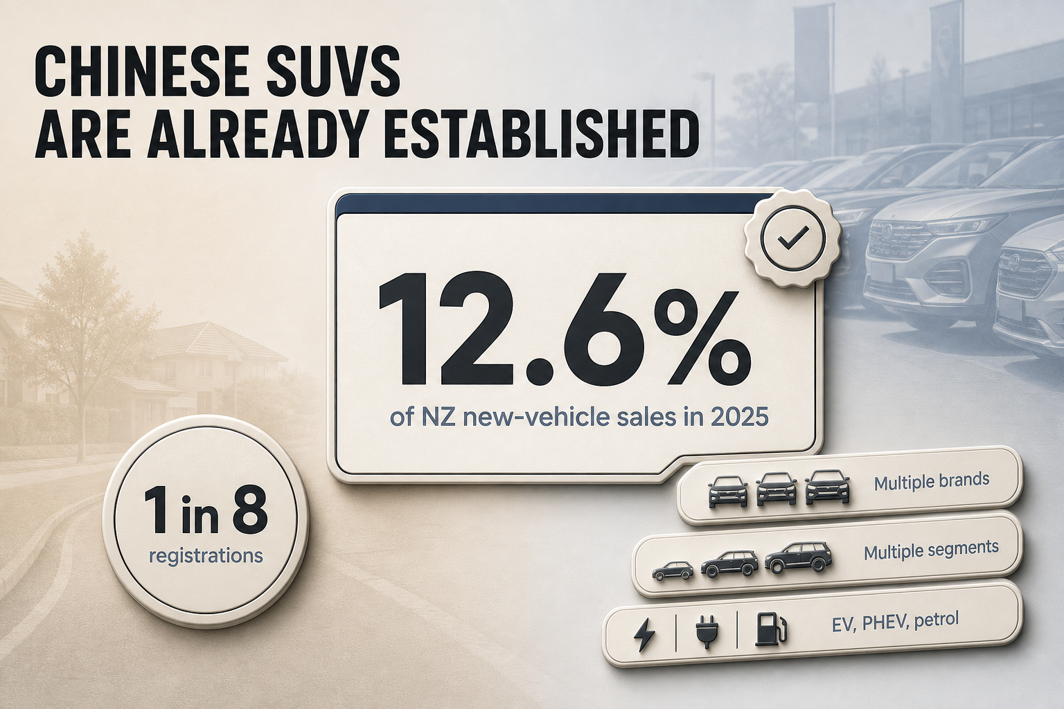 Editorial stat graphic with large 12.6% badge, 1 in 8 marker, and three supporting category chips for brands, segments, and powertrains