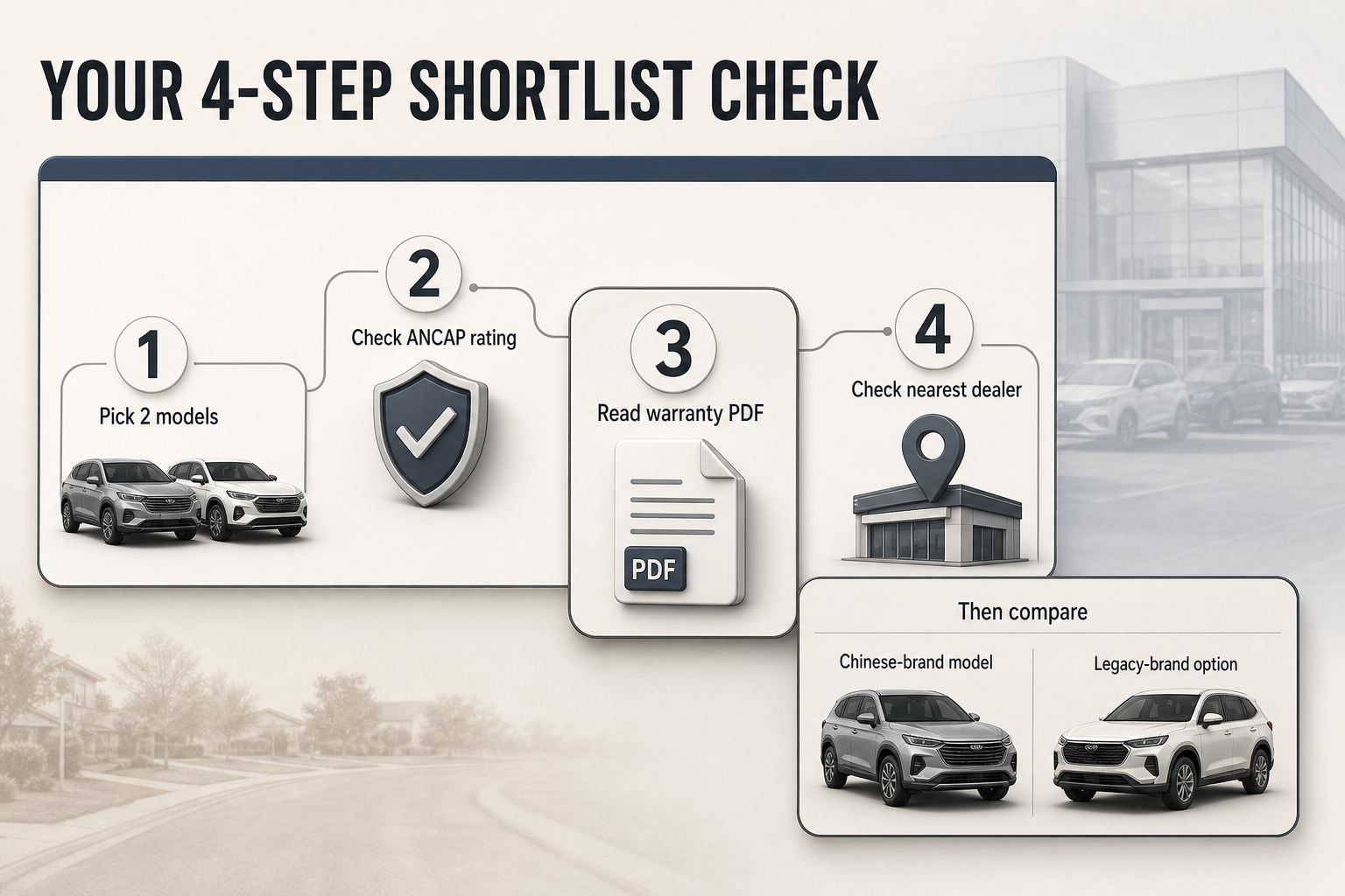 Four-step checklist card with numbered actions and a small side-by-side comparison panel for Chinese-brand and legacy-brand options
