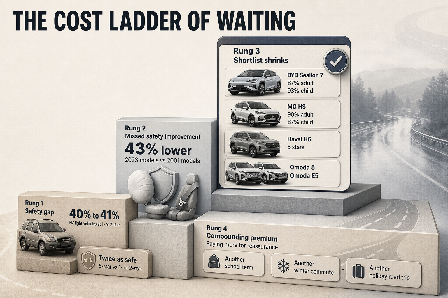 Four-step ladder infographic with stacked rungs showing safety gap, lower injury risk, SUV rating scores, and premium costs