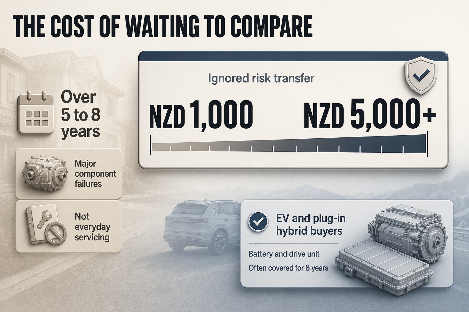 Cost range infographic with a horizontal NZD scale from 1,000 to 5,000 plus, plus small callouts for 5 to 8 years and battery cover
