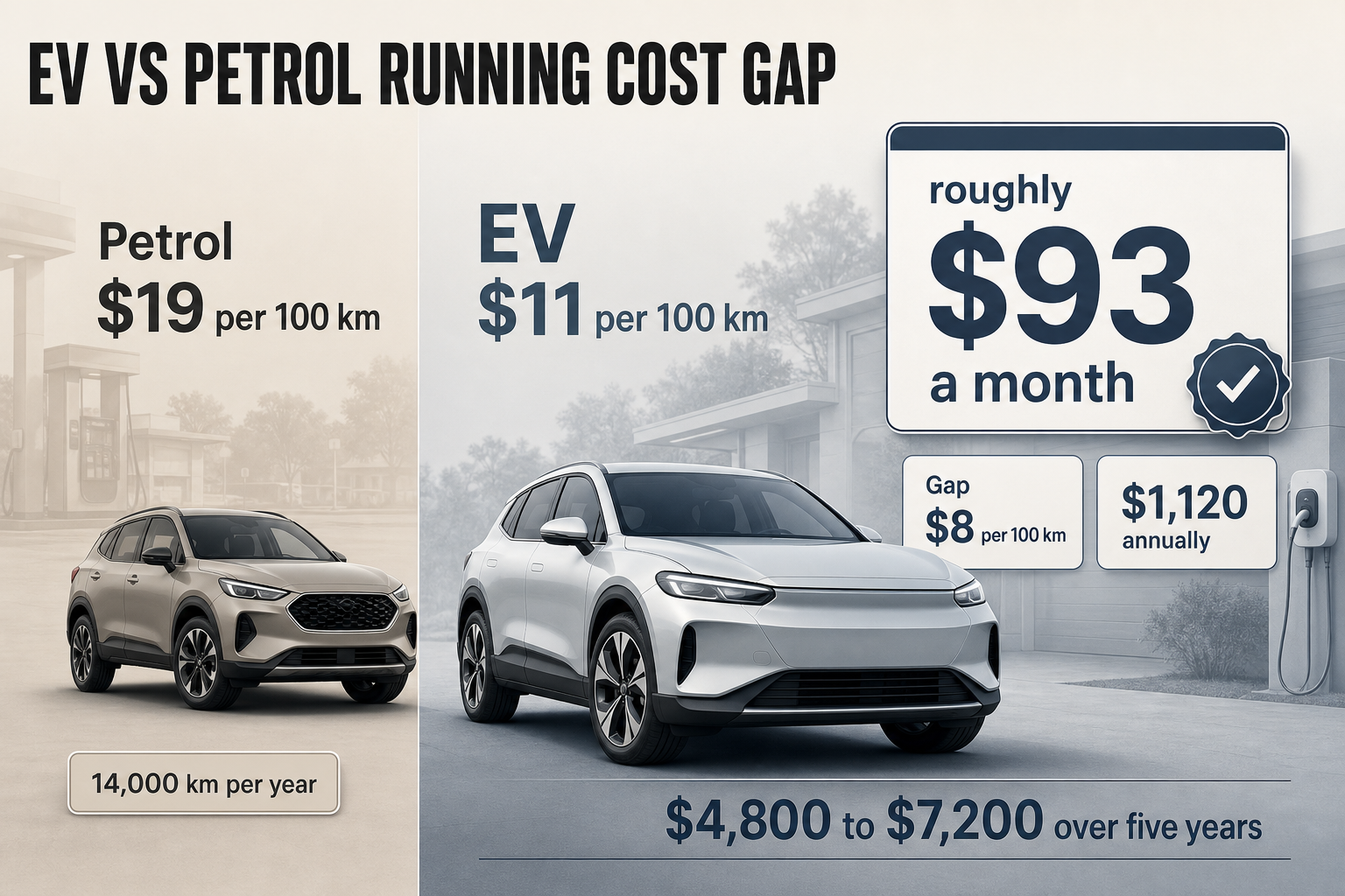 Two-column comparison infographic with EV and petrol cost panels, per-100-km figures, annual distance, monthly savings badge, and five-year total