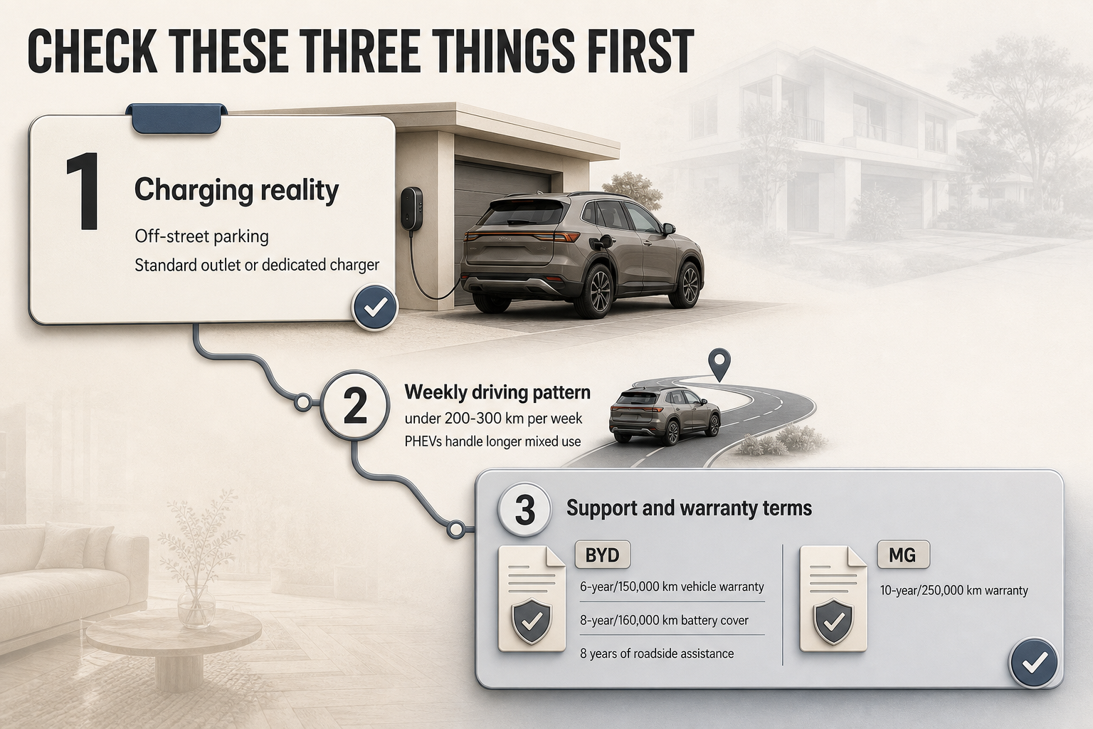 Three-step flow diagram with charging, driving pattern, and warranty checks, plus BYD and MG warranty figures in side callouts