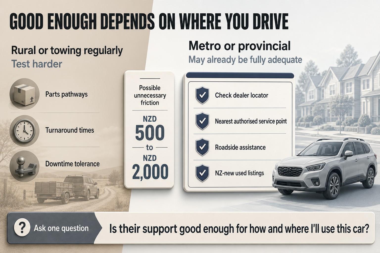 Asymmetric split-view infographic with a metro household panel and a rural towing panel, plus a central cost callout and checklist labels