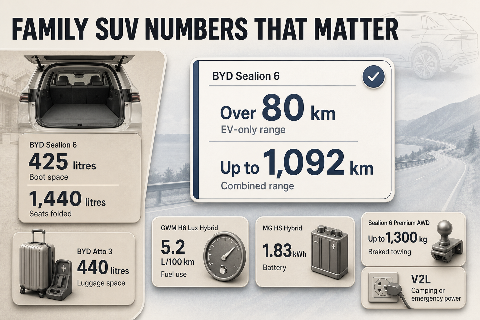 Grid of rounded stat cards showing boot space, EV range, fuel use, battery size, towing capacity, and V2L labels for four SUV models