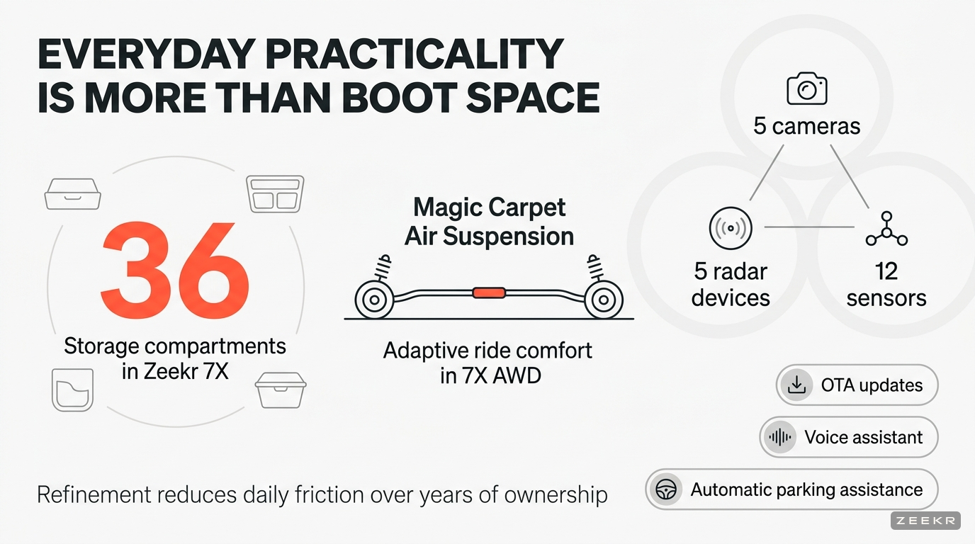 Data cluster infographic showing 36 storage compartments, Magic Carpet Air Suspension, and Zeekr X technology counts including 5 cameras, 5 radar devices, and 12 sensors.